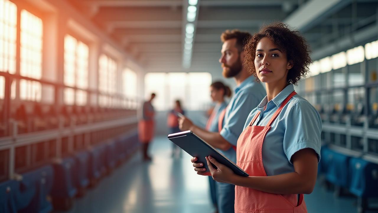 Diverse team of skilled textile engineers and operators working in a modern facility