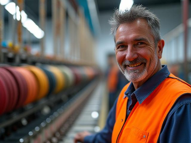 A confident supervisor wearing high-vis gear talking with textile workers